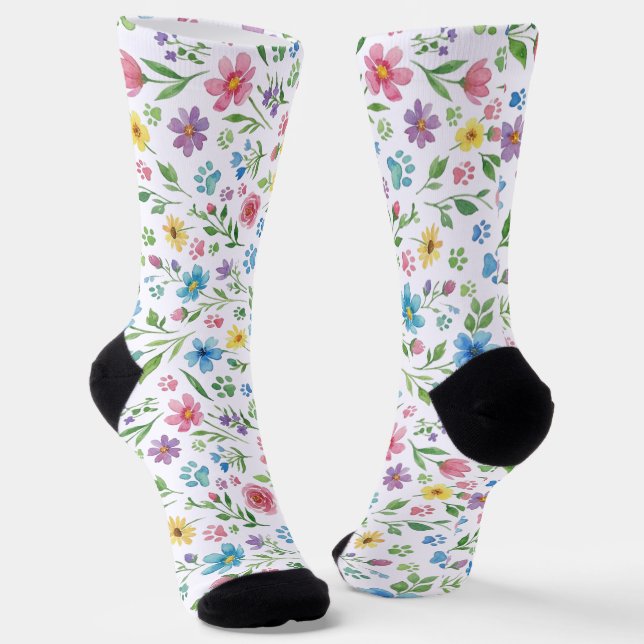 Floral Paw Print Crew Socks  (Angled)