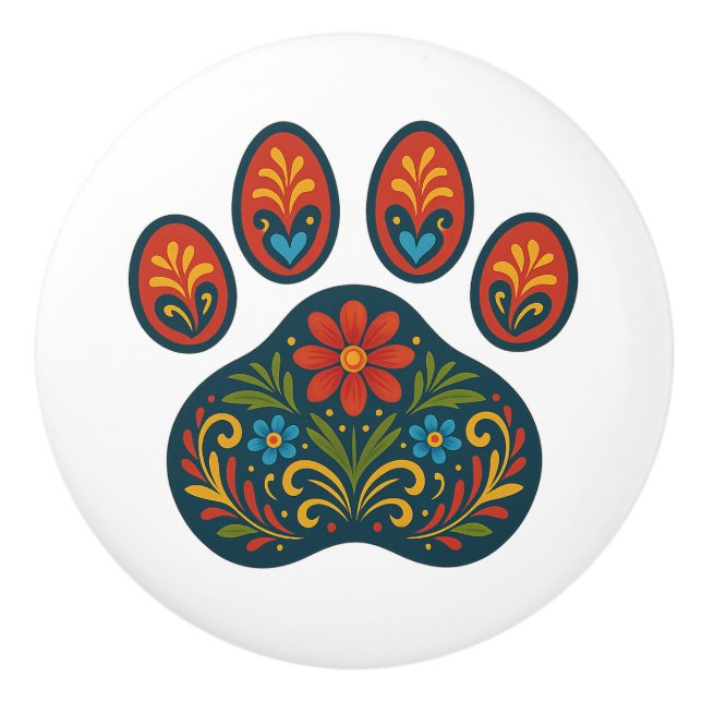 Floral Paw Print Folk Art Design Ceramic Knob (Front)