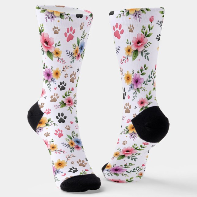 Floral & Paw Print Pattern Socks – Cute Pastel Pet (Angled)