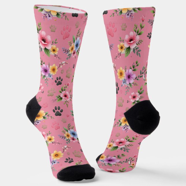 Floral & Paw Print Pattern Socks – Cute Pastel Pet (Angled)