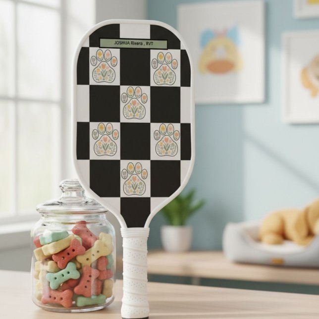Floral pawprint chequerboard Veterinary Name Pickleball Paddle (Creator Uploaded)