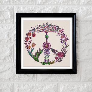 Floral peace and love sign colourful peaceful art