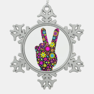 FLORAL PEACE HAND SIGN SNOWFLAKE PEWTER CHRISTMAS ORNAMENT