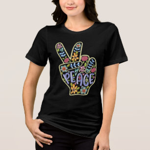 Floral Peace Hand Sign T-Shirt – Colourful Hippie  Tri-Blend Shirt
