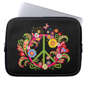 Floral Peace Sign on Black Laptop Sleeve