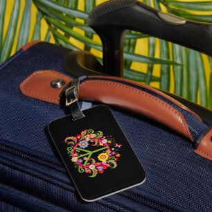 Floral Peace Sign on Black Luggage Tag