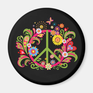 Floral Peace Sign on Black Magnet