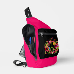 Floral Peace Sign on Black Sling Bag