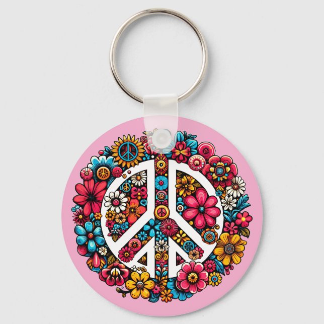 floral peace sign symbol colour illustration art key ring (Front)