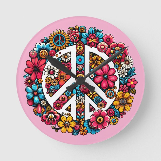 floral peace sign symbol colour illustration art round clock (Front)