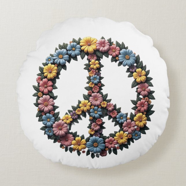 Floral Peace Symbol Round Pillow (Front)