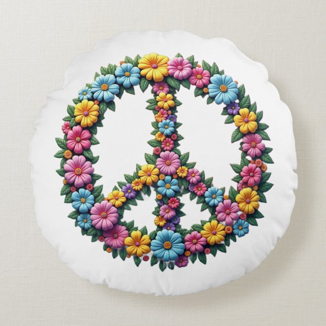 Floral Peace Symbol Round Pillow (Front)