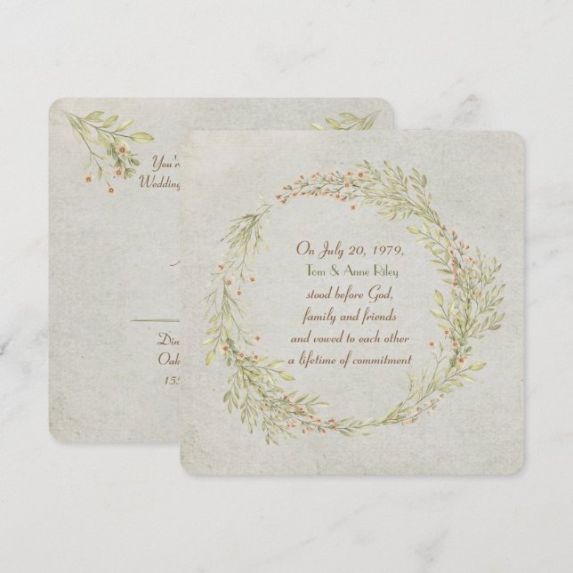 floral peach and green leafy wreath Vow Renewal Invitation (Front/Back)