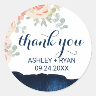 Floral Peach and Navy Watercolor Thank You Favour Classic Round Sticker
