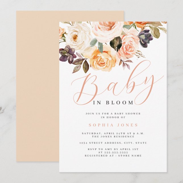 Floral Peach Baby in Bloom Baby Shower   Invitation (Front/Back)