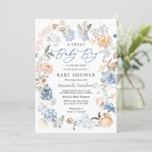 Floral Peach Blush Blue Baby Shower  Invitation