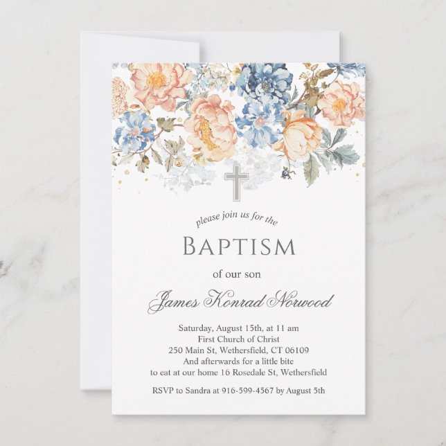 Floral Peach Blush Blue Baptism Invitation (Front)