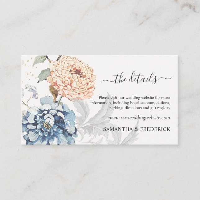Floral Peach Blush Blue Wedding Details  Enclosure Card (Front)