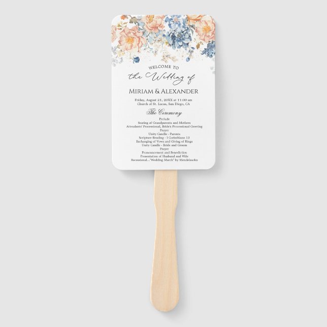 Floral Peach Blush Blue Wedding Program Hand Fan (Front)