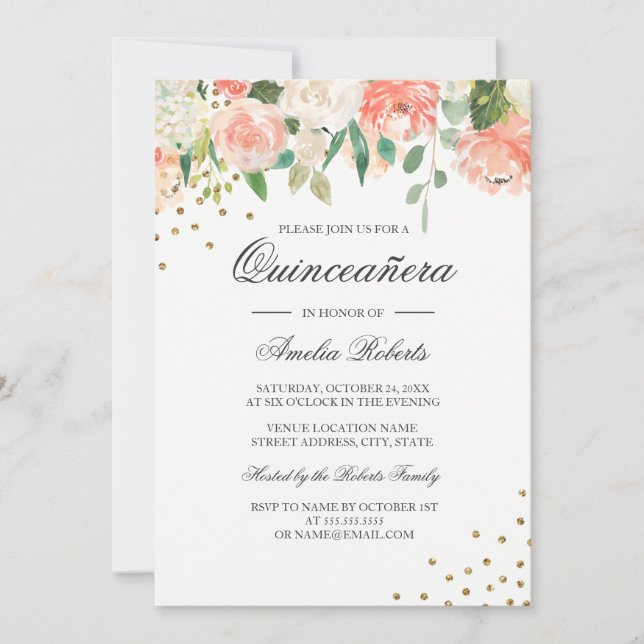 Floral Peach Blush Watercolor Quinceanera Invitation (Front)