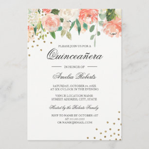 Floral Peach Blush Watercolor Quinceanera Invitation