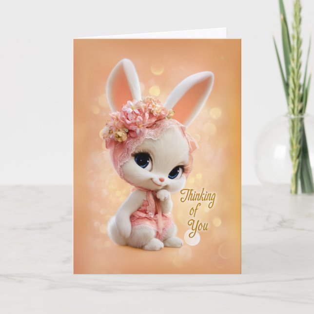 Floral Peach Bonnet Baby Bunny Thinking of You Card (Front)