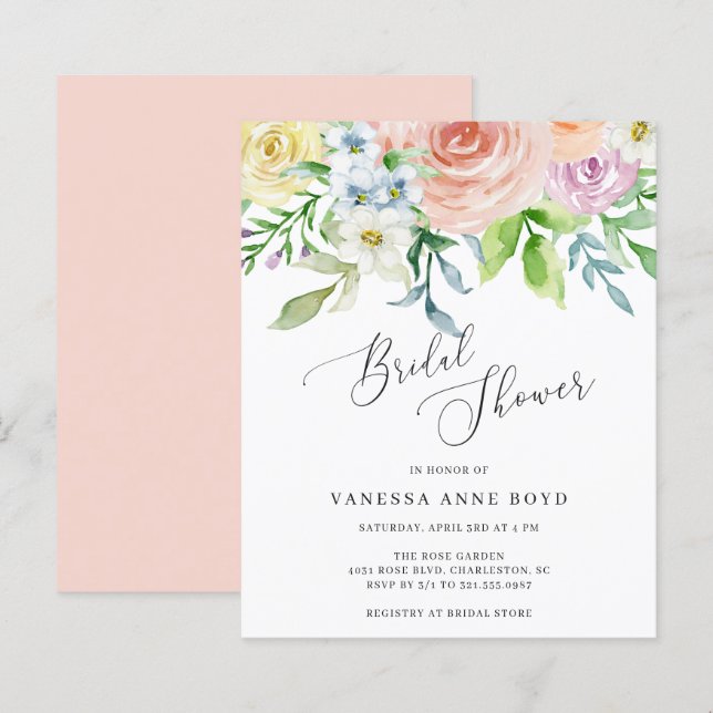 Floral Peach Budget Bridal Shower Invitation (Front/Back)