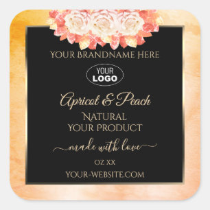 Floral Peach Coral Marble Black Product Label Logo