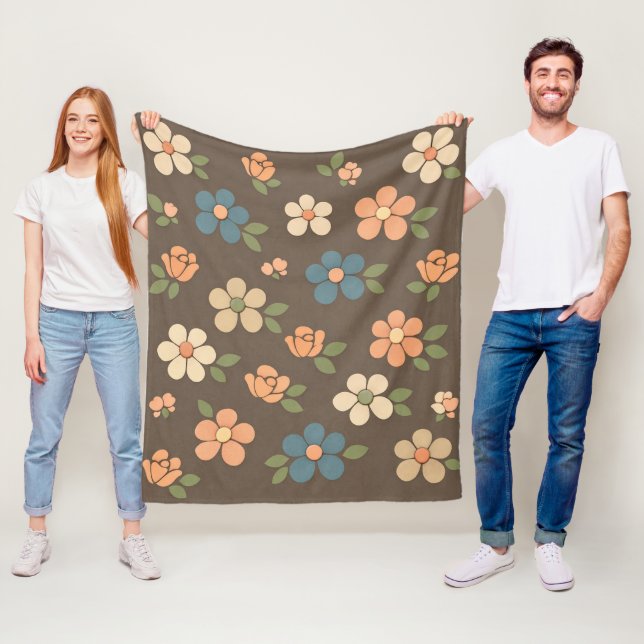Floral Peach Cream Blue Fleece Blanket (In Situ)