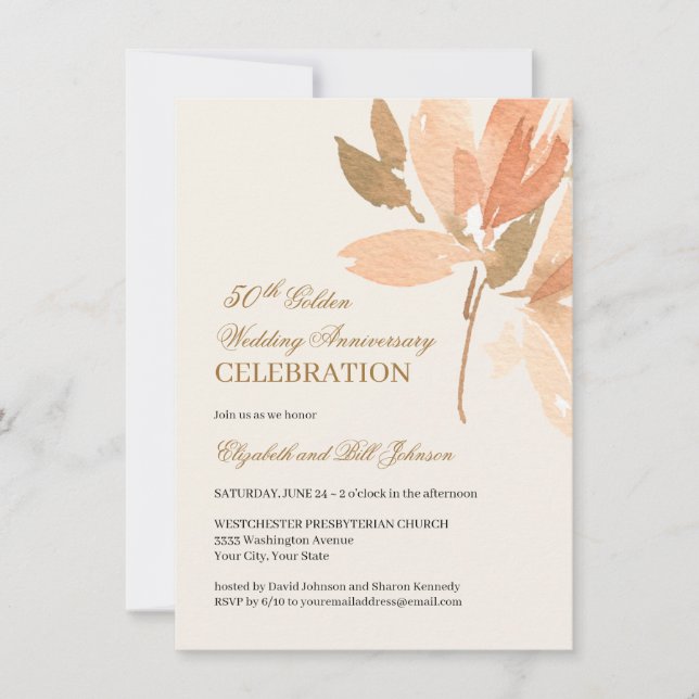 Floral Peach Cream Gold 50th Wedding Anniversary Invitation (Front)