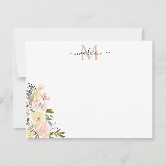 Floral Peach Dusty Pink Gold Spring Rose Monogram Card (Front)