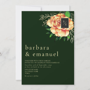 Floral Peach Emerald Green Wedding Invitation