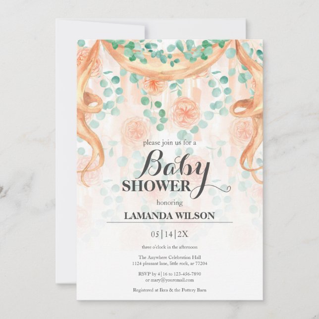 Floral Peach & Green Banner Baby Shower Invitation (Front)