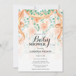 Floral Peach & Green Banner Baby Shower Invitation