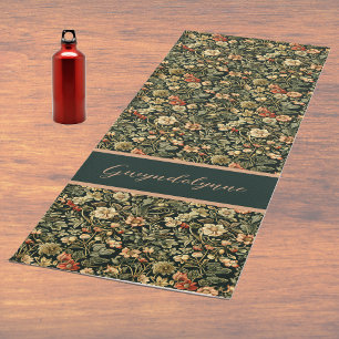 Floral Peach Green William Morris Inspired w Name Yoga Mat