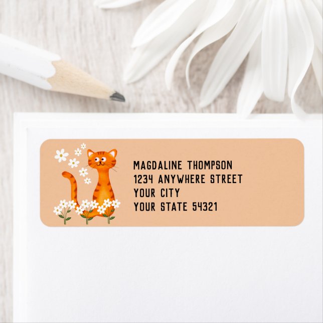 Floral Peach Orange Cat Return Address (Insitu)