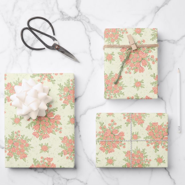 Floral Peach Orange Spring Flowers Wrapping Paper Sheet (Front)