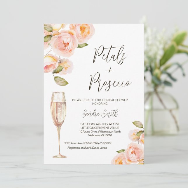 Floral Peach Petals Prosecco QR Code Bridal Shower Invitation (Standing Front)