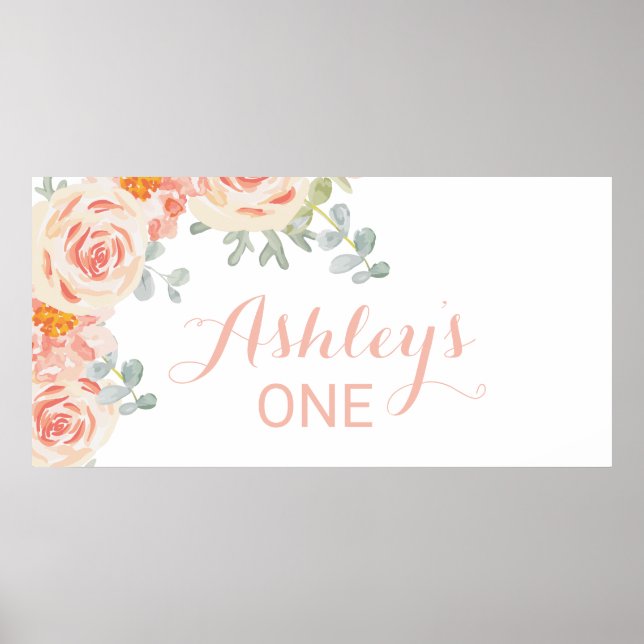 Floral Peach Pink Baby's 1st Birthday Banner Sign (Front)