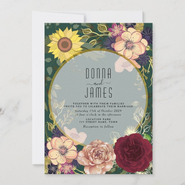 Floral Peach Pink Emerald Green Wedding Invitation (Front)