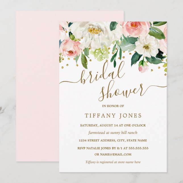 Floral Peach Pink Gold Confetti Bridal Shower Invitation (Front/Back)