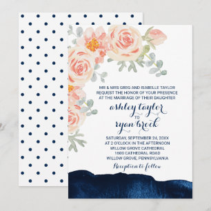 Floral Peach Pink & Navy Watercolor Formal Wedding Invitation