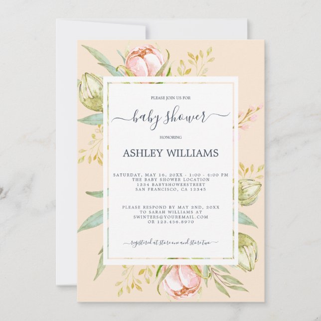 Floral Peach Pink Peony Rustic Boho Baby Shower Invitation (Front)