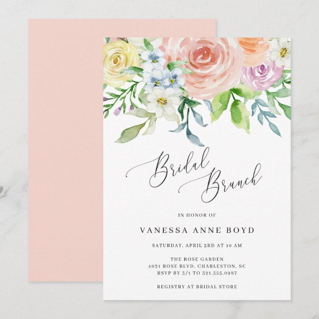 Floral Peach Watercolor Flowers Bridal Brunch Invitation (Front/Back)