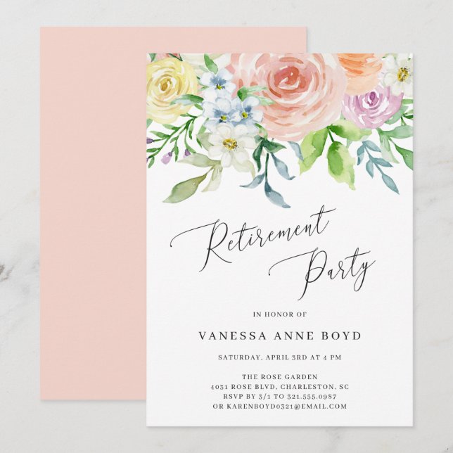 Floral Peach Watercolor Flowers Retirement Party Invitation (Front/Back)