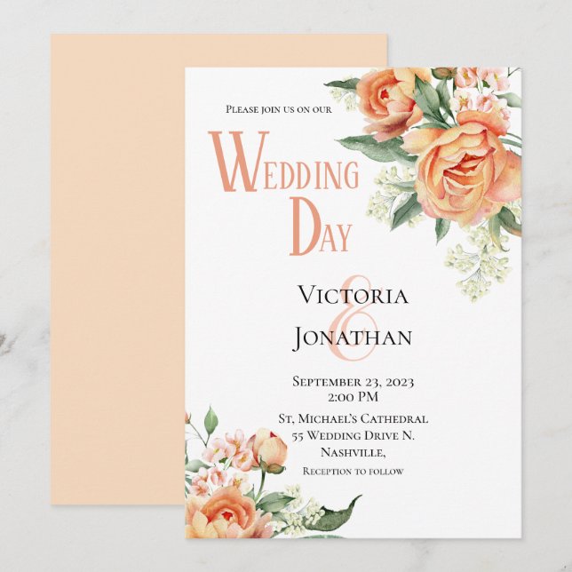 Floral Peach Watercolor Modern Wedding Invitation (Front/Back)