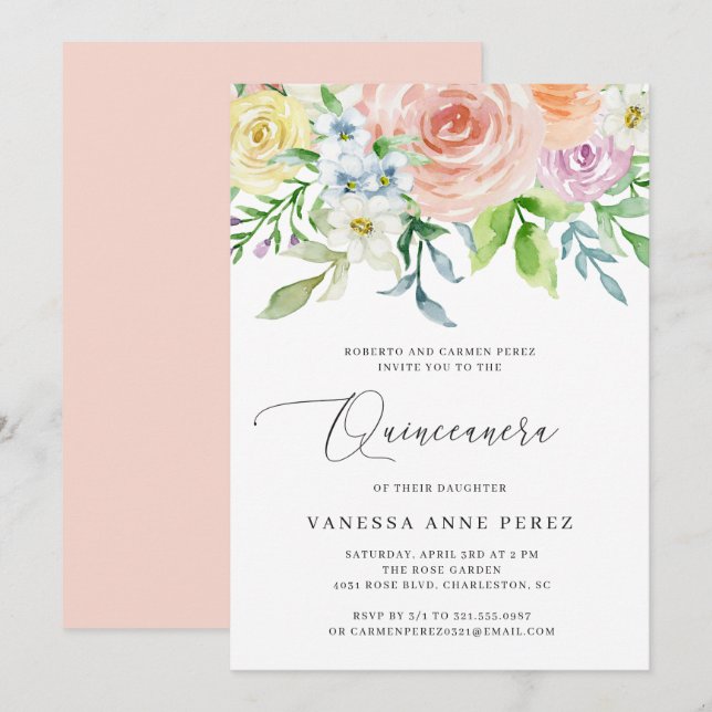 Floral Peach Watercolor Quinceañera Invitation (Front/Back)