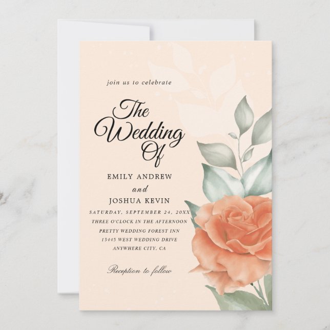 Floral peach Watercolor Wedding  Invitation (Front)