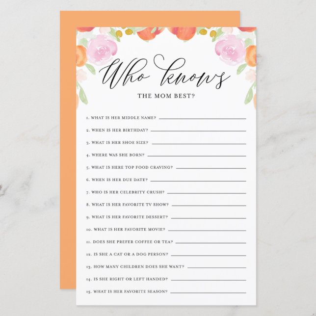 Floral Peach Who Knows Mum Best Baby Shower Game (Front/Back)
