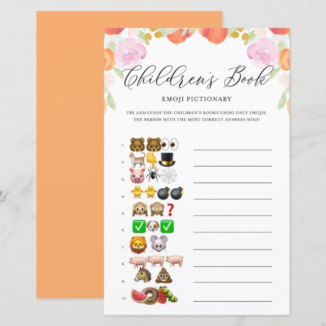 Floral Peaches Emoji Pictionary Baby Shower Game (Front/Back)
